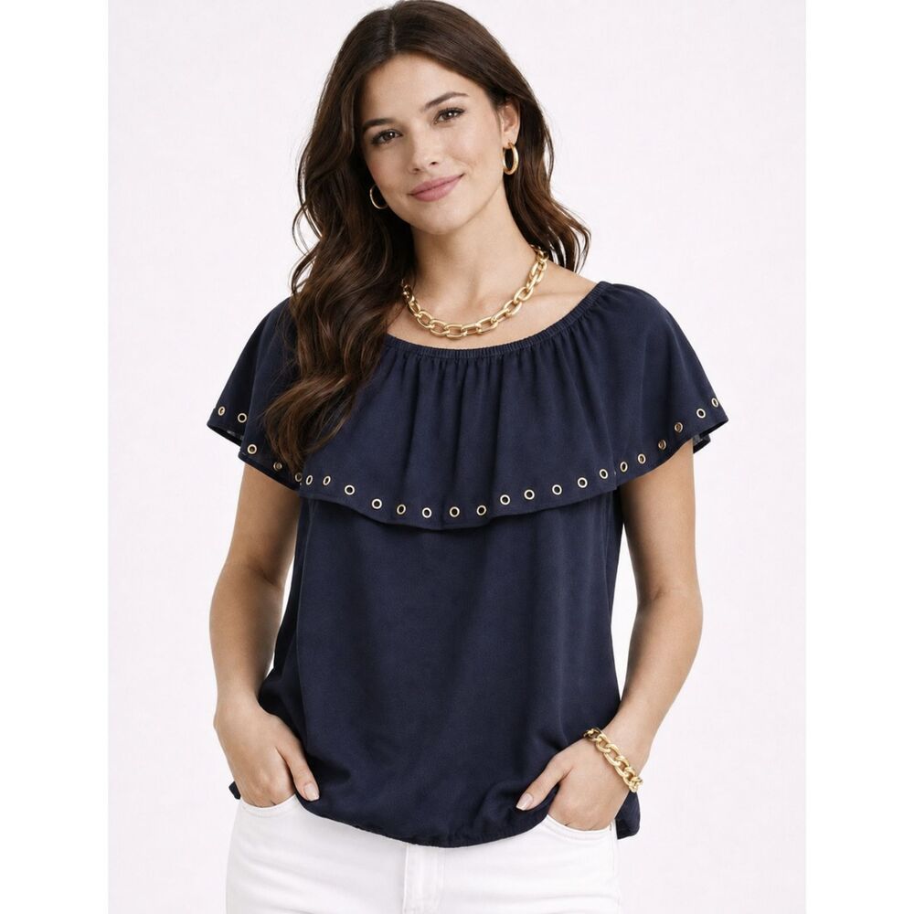 Michael Kors Navy Blue Flouncy Top Sz M Women Short Sleeves Gold Accents Blouse - Picture 1 of 11